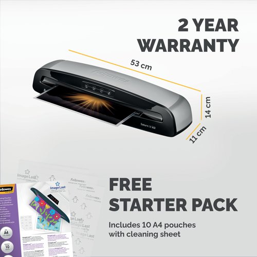 Designed for regular use in small office environments, this Saturn 3i A3 laminator from Fellowes is ready to laminate in just 60 seconds thanks to InstaHeat technology, and can laminate documents up to A3 size and up to 125 microns thick at a speed of 30cm per minute. It is fitted with an auto feed sensor, which indicates when a document has been misfed and shuts down the lamination process, allowing for retrieval and re-alignment, and an auto shut off feature, which comes into effect after 30 minutes of inactivity, reducing energy consumption. Includes a 10 pouch laminating starter kit.
