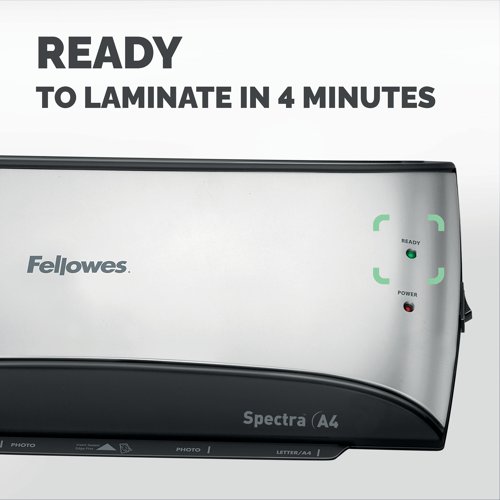 User friendly and designed for moderate use in home and office environments, the Spectra A4 Laminator from Fellowes is ideal for use with important and often handled documents. Taking only 4 minutes to warm up, the Spectra will laminate documents of up to 125 microns, is supplied with a handy release lever to disengage the pouch in the event of a misfeed and is fitted with an evironmentally astute sleep mode which activates after 30 minutes of inactivity. Includes a 10 pouch laminating starter kit.