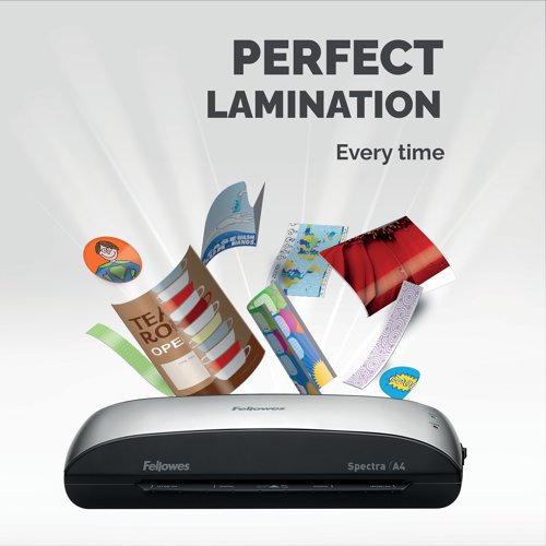 User friendly and designed for moderate use in home and office environments, the Spectra A4 Laminator from Fellowes is ideal for use with important and often handled documents. Taking only 4 minutes to warm up, the Spectra will laminate documents of up to 125 microns, is supplied with a handy release lever to disengage the pouch in the event of a misfeed and is fitted with an evironmentally astute sleep mode which activates after 30 minutes of inactivity. Includes a 10 pouch laminating starter kit.