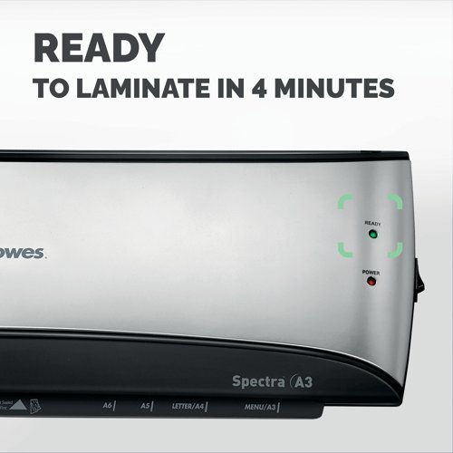 User friendly and designed for moderate use in home and office environments, the Spectra A3 Laminator from Fellowes is ideal for use with important and often handled documents. Taking only 4 minutes to warm up, the Spectra will laminate documents of up to 125 microns, is supplied with a handy release lever to disengage the pouch in the event of a misfeed and is fitted with an evironmentally astute sleep mode which activates after 30 minutes of inactivity. Includes a 10 pouch laminating starter kit.