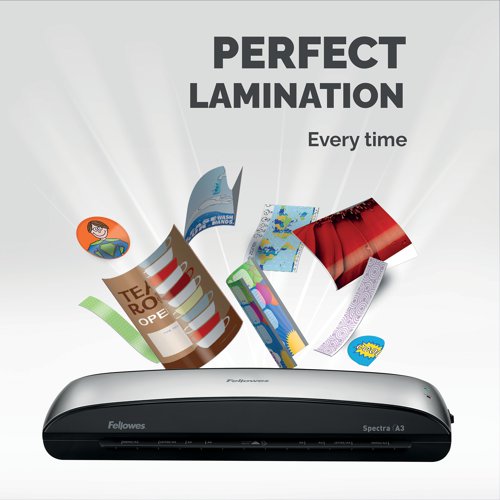 User friendly and designed for moderate use in home and office environments, the Spectra A3 Laminator from Fellowes is ideal for use with important and often handled documents. Taking only 4 minutes to warm up, the Spectra will laminate documents of up to 125 microns, is supplied with a handy release lever to disengage the pouch in the event of a misfeed and is fitted with an evironmentally astute sleep mode which activates after 30 minutes of inactivity. Includes a 10 pouch laminating starter kit.