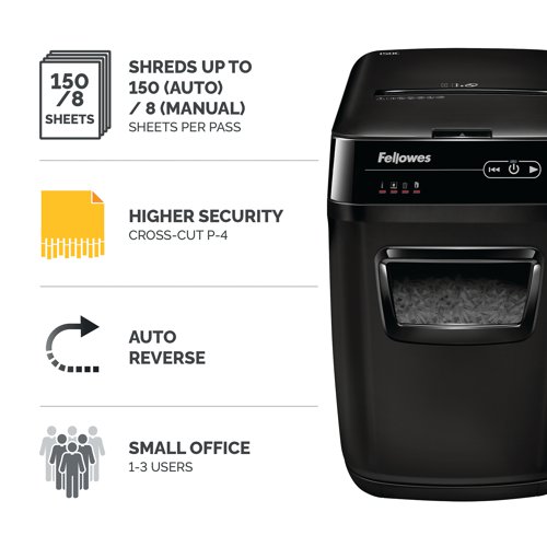 This practical and efficient Automax cross cut shredder from Fellowes will shred up to 150 sheets of 70gsm A4 paper into 4x51mm particles at a security level of P-3. The machine will also shred staples, paper clips and credit cards for convenience in use and has a 32 litre, easy to empty pull out bin.