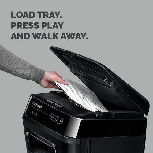 This practical and efficient Automax cross cut shredder from Fellowes will shred up to 150 sheets of 70gsm A4 paper into 4x51mm particles at a security level of P-3. The machine will also shred staples, paper clips and credit cards for convenience in use and has a 32 litre, easy to empty pull out bin.