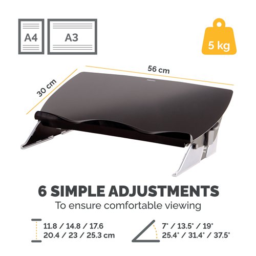 This Fellowes Easy Glide Writing and Document Slope features a contoured ledge that can support books and paperwork up to 5kg. The platform glides forward to cover your keyboard and create an ergonomic writing area. The angle adjusts from 7.5 to 37.5 degrees for optimum comfort and there is also a removable accessory tray with a charging cable manager space to keep your desk neat and tidy. Working in conjunction with existing laptop and monitor systems, this steel document slope measures W575 x D380 x H116mm.