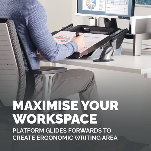 BB70639 | This Fellowes Easy Glide Writing and Document Slope features a contoured ledge that can support books and paperwork up to 5kg. The platform glides forward to cover your keyboard and create an ergonomic writing area. The angle adjusts from 7.5 to 37.5 degrees for optimum comfort and there is also a removable accessory tray with a charging cable manager space to keep your desk neat and tidy. Working in conjunction with existing laptop and monitor systems, this steel document slope measures W575 x D380 x H116mm.
