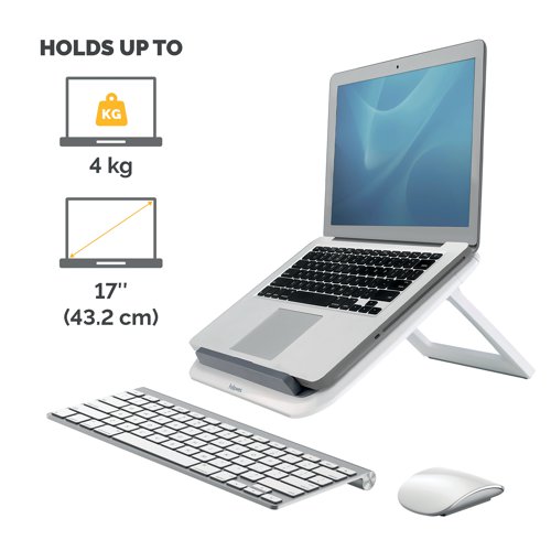 Contemporary and stylish, this laptop quick lift adjusts to 7 angles for optimum viewing comfort. The front legs fold out to optimise the screen and the whole quick lift folds flat for ease of storage and portability. Able to hold laptops up to 15.6in, the design co-ordinates with other items in the I-Spire Seriesâ„¢.