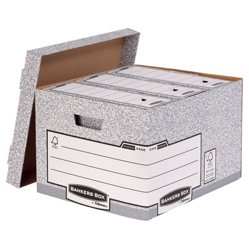 This heavy duty Bankers Box is made from durable, double thickness corrugated board and features time saving Fastfold assembly. The box can hold ring binders, lever arch files and Bankers Box 120mm transfer box files. The box also features reinforced handles and can be stacked up to 6 high for space saving storage. This pack contains 10 large grey boxes measuring W380 x D430 x H287mm (internal).