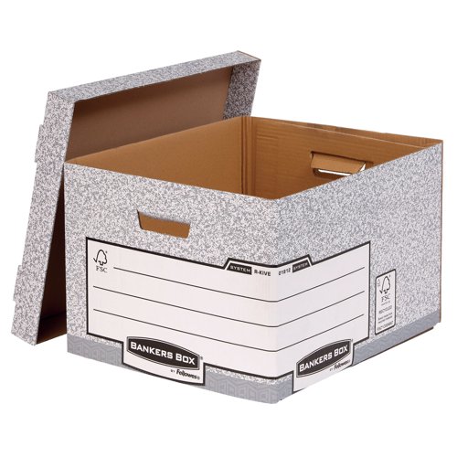 This heavy duty Bankers Box is made from durable, double thickness corrugated board and features time saving Fastfold assembly. The box can hold ring binders, lever arch files and Bankers Box 120mm transfer box files. The box also features reinforced handles and can be stacked up to 6 high for space saving storage. This pack contains 10 large grey boxes measuring W380 x D430 x H287mm (internal).
