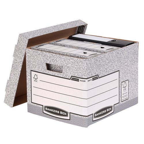 This heavy duty Bankers Box is made from durable, double thickness corrugated board and features time saving Fastfold assembly. The box can hold ring binders, lever arch files, suspension files and Bankers Box 120mm transfer box files. The box also features reinforced handles and can be stacked up to 6 high for space saving storage. This pack contains 10 grey boxes measuring W333 x D390 x H285mm (internal).