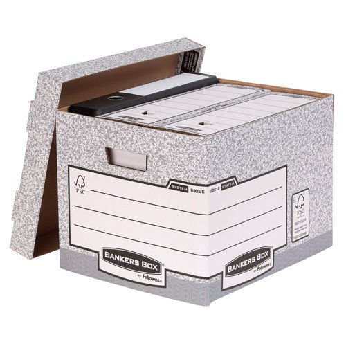 This heavy duty Bankers Box is made from durable, double thickness corrugated board and features time saving Fastfold assembly. The box can hold ring binders, lever arch files, suspension files and Bankers Box 120mm transfer box files. The box also features reinforced handles and can be stacked up to 6 high for space saving storage. This pack contains 10 grey boxes measuring W333 x D390 x H285mm (internal).