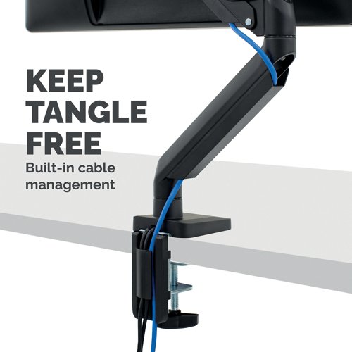 This premium Fellowes Platinum Series Single Monitor Arm features innovative gas spring technology for easy adjustment. The arm can hold a monitor up to 30 inches and has a maximum weight capacity of 9kg. The monitor arm also features 2 USB ports in the base and integrated cable management for organisation. The arm can be mounted using a clamp or grommet.