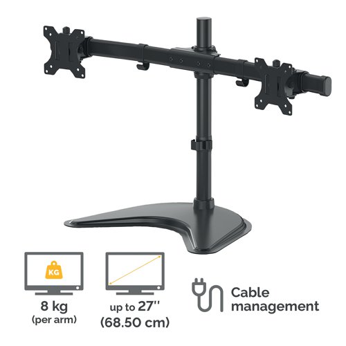 This innovative Fellowes Professional Series monitor arm has a free standing, horizontal design for 2 monitors. The portable design can be used without the need for a clamp or grommet mount. For use with monitors up to 27 inches, the arm has a maximum weight capacity of 8kg. The base is weighted for stability and the monitor arm also includes an integrated cable management system for organisation.