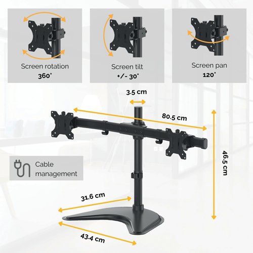 This innovative Fellowes Professional Series monitor arm has a free standing, horizontal design for 2 monitors. The portable design can be used without the need for a clamp or grommet mount. For use with monitors up to 27 inches, the arm has a maximum weight capacity of 8kg. The base is weighted for stability and the monitor arm also includes an integrated cable management system for organisation.
