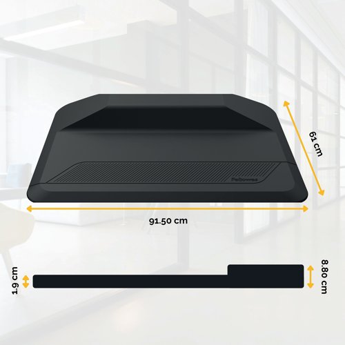 Designed for use with Sit-Stand Workstations, this Fellowes ActiveFusion Sit-Stand Mat features a unique stepped shape, which promotes stretching, encourages subtle movement and helps to prevent fatigue. This black mat also features bevelled edges to help avoid trip hazards and measures W914 x D610 x H89mm.