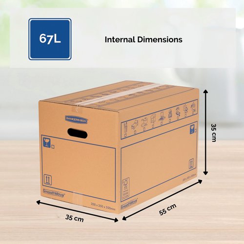 Made from strong, double thickness corrugated board, these Bankers Box SmoothMove standard storage boxes come with convenient pre-printed icons and large label areas for quick identification of contents. The boxes also feature optional perforated carry handles that can be used if required. The boxes do require tape for assembly and closure. Each box measures 350 x 350 x 550mm (internal). This pack contains 10 brown storage boxes.