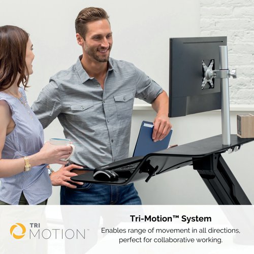 You don't have to choose with this sit stand work station, which is ideal for the modern day work place. The work station is suitable for a single screen and has several varying height adjustments so you can sit and stand to work whenever you choose. Stable at every height, it has a work surface for your screen and essentials to sit flush against your desk or to raise your equipment for standing use.