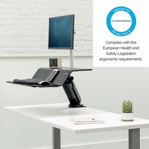 You don't have to choose with this sit stand work station, which is ideal for the modern day work place. The work station is suitable for a single screen and has several varying height adjustments so you can sit and stand to work whenever you choose. Stable at every height, it has a work surface for your screen and essentials to sit flush against your desk or to raise your equipment for standing use.