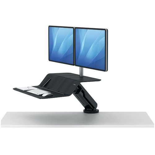 The Fellowes Lotus RT Sit/Stand Workstation Dual Screen easily transitions from sitting to standing with Smooth Lift Technology. There is a spot for all of your essentials on the dual work surfaces with device viewing channel. Keep your space tidy with comprehensive cord management. Mount to the back edge of any work surface with the single clamp design. Includes a dual monitor arm to keep your screens secure. Stable at every height, it has a work surface for your screen and essentials to sit flush against your desk or to raise your equipment for standing use.