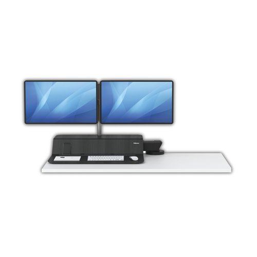 The Fellowes Lotus RT Sit/Stand Workstation Dual Screen easily transitions from sitting to standing with Smooth Lift Technology. There is a spot for all of your essentials on the dual work surfaces with device viewing channel. Keep your space tidy with comprehensive cord management. Mount to the back edge of any work surface with the single clamp design. Includes a dual monitor arm to keep your screens secure. Stable at every height, it has a work surface for your screen and essentials to sit flush against your desk or to raise your equipment for standing use.