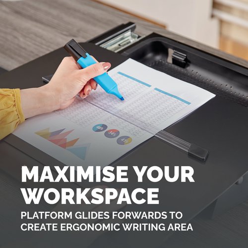 This Fellowes Hana writing slope will help you work comfortably and ergonomically with documents. Work inline and maintain good posture when using documents and writing to avoid neck and back discomfort. Achieve the perfect ergonomic position with 5 height and angle settings. Platform effortlessly glides forward, maximising desk space and creating an ergonomic writing area. Hidden accessory tray with device charging access. Includes magnetic line guide to hold paper and aid with reading. Stylish metal design.