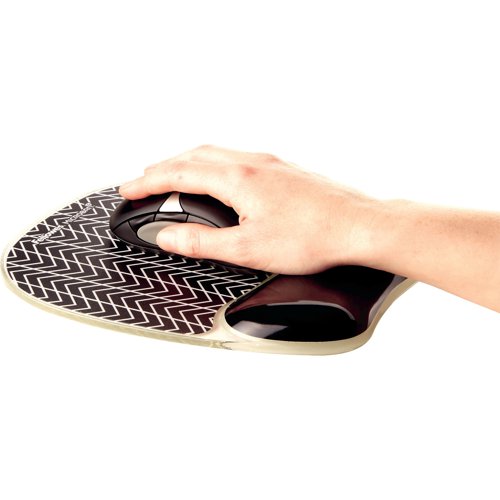This Fellowes Crystals mouse pad features a vibrant chevron design with a soothing gel support that provides comfort. The ergonomic design supports the wrist, helping to alleviate pressure and fatigue. The mouse pad features a stain resistant covering and a non-slip rubber backing.