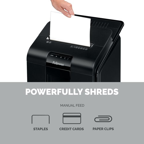This Fellowes AutoMax 100M hybrid shredder provides effective document destruction with either single sheet automatic feeding or standard manual feeding. With a P4 security level, the mini-cut shredder shreds into 4 x 10mm particles, which is up to 4x smaller than standard cross cut shredders. The shredder has a 100 sheet automatic and a 10 sheet manual shredding capacity with a 15 minute run time. The shredder also includes a large 23 litre pull out bin for easy emptying.