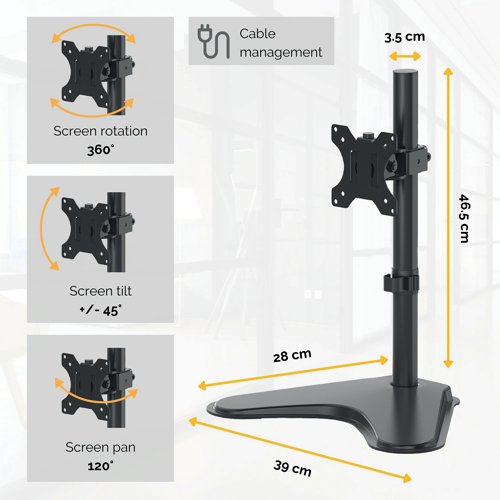This freestanding Professional Monitor Arm is the ideal way to preserve desk space and achieve optimal viewing comfort in spaces that don't allow clamp or grommet mounting. Built-in cable management minimizes clutter and enhanced stability thanks to a low profile, weighted base. This arm has 46cm of height adjustability and supports monitors up to 32 inches and weighing up to 8kg.