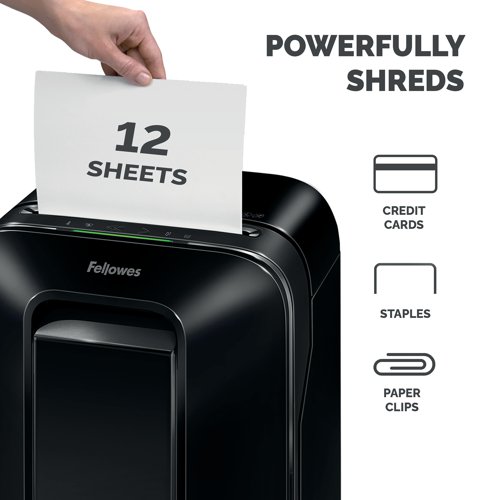 The Fellowes LX201 is an innovative and efficient shredder, designed for individual use. With the capability to shred 12 A4 sheets into 2 x 12mm micro-cut particles for a high security level of P-5; the LX201 has a host of intelligent features to maximise your efficiency, including Safesense technology and Sleep Mode to reduce energy consumption in addition to the Fellowes IntelliBar, providing you with in-use feedback on bin capacity and usage information. With a runtime of up to 10 minutes and a 22 litre pull-out bin, this black shredder is both easy to use and highly efficient.