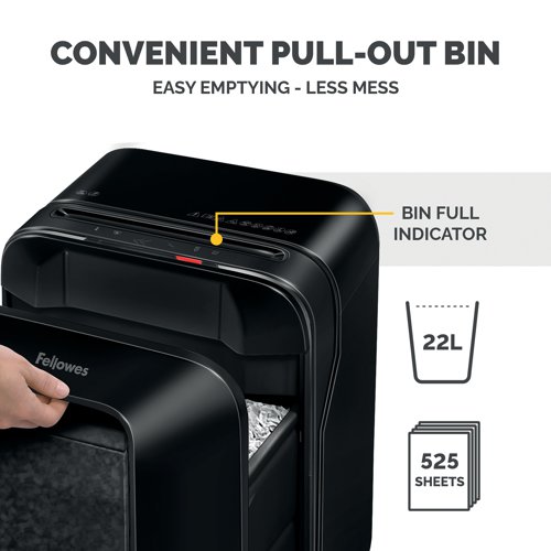 The Fellowes LX201 is an innovative and efficient shredder, designed for individual use. With the capability to shred 12 A4 sheets into 2 x 12mm micro-cut particles for a high security level of P-5; the LX201 has a host of intelligent features to maximise your efficiency, including Safesense technology and Sleep Mode to reduce energy consumption in addition to the Fellowes IntelliBar, providing you with in-use feedback on bin capacity and usage information. With a runtime of up to 10 minutes and a 22 litre pull-out bin, this black shredder is both easy to use and highly efficient.