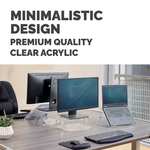 Ensure your monitor is at optimal viewing level and with the Fellowes Clarity Monitor Riser. With a minimalistic and exceptionally high-quality acrylic design, this monitor riser boasts a compartment for easy keyboard storage, allowing you to maximise your desk space and keep your work area looking tidy. The Clarity monitor riser supports monitors that weigh up to 6.5kg.