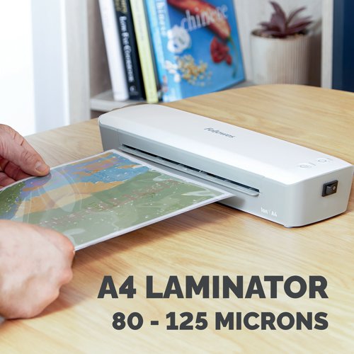 The Fellowes Ion A4 Laminator is a low-cost, high performance laminator designed for occasional use in the home. Warming up in just four minutes, it quickly applies a double-sided protective coating to posters, signs and photographs in 80-125 micron pouches. This laminator includes a release trigger to release the pouch if you have mis-fed it so that you can re-align or remove the document. The laminator automatically shuts off after 30 minutes of inactivity.