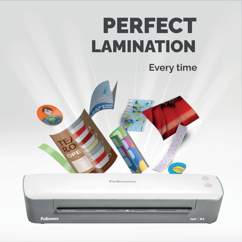 The Fellowes Ion A4 Laminator is a low-cost, high performance laminator designed for occasional use in the home. Warming up in just four minutes, it quickly applies a double-sided protective coating to posters, signs and photographs in 80-125 micron pouches. This laminator includes a release trigger to release the pouch if you have mis-fed it so that you can re-align or remove the document. The laminator automatically shuts off after 30 minutes of inactivity.