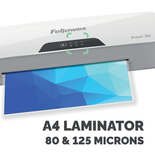 A sleek and stylish laminator from Fellowes, the Pixel A4 laminator is an incredibly versatile and easy to use machine, perfect for use at home or in smaller offices. Boasting an exceptionally fast heat-up time of as little as 3 minutes, the Pixel is capable of laminating in 80 or 125 micron thickness allowing it to perfectly suit your needs. With a host of other user-friendly features, such as an automatic shutdown after 30 minutes of inactivity for increased energy efficiency and a release trigger for easily retrieving and realigning misfed documents, the Pixel A4 laminator is both highly efficient and practical.