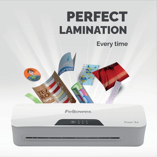 A sleek and stylish laminator from Fellowes, the Pixel A4 laminator is an incredibly versatile and easy to use machine, perfect for use at home or in smaller offices. Boasting an exceptionally fast heat-up time of as little as 3 minutes, the Pixel is capable of laminating in 80 or 125 micron thickness allowing it to perfectly suit your needs. With a host of other user-friendly features, such as an automatic shutdown after 30 minutes of inactivity for increased energy efficiency and a release trigger for easily retrieving and realigning misfed documents, the Pixel A4 laminator is both highly efficient and practical.