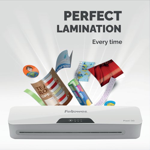 A sleek and stylish laminator from Fellowes, the Pixel A3 laminator is an incredibly versatile and easy to use machine, perfect for use at home or in smaller offices. Boasting an exceptionally fast heat-up time of as little as 3 minutes, the Pixel is capable of laminating in 80 or 125 micron thickness allowing it to perfectly suit your needs. With a host of other user-friendly features, such as an automatic shutdown after 30 minutes of inactivity for increased energy efficiency and a release trigger for easily retrieving and realigning misfed documents, the Pixel A3 laminator is both highly efficient and practical.