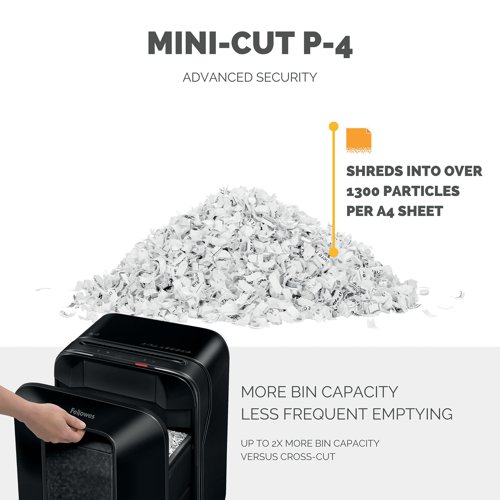 This next generation shredder offers unmatched productivity and a 100% jam proof performance. The Intellibar responsive technology provides in-use feedback that maximises the shredder's performance. It prevents interruptions by indicating when the bin and sheet capacity is nearing the limit, or when the run time is close to being reached. For extra security, it shreds each sheet of A4 paper into over 1,000 particles. For safety, the SafeSense Technology stops the machine when hands touch the paper entry and the sleep mode automatically powers down the shredder after periods of inactivity. It has a 12-sheet shredding capacity and 22-litre pull-out bin.