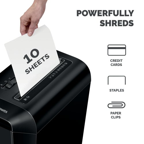 This stylish cross-cut Shredder is ideal for regular use in home and small office environments. It can shred 10 sheets at a time into 4x40mm cross-cut particles. For safety, the SafeSense Technology stops the machine when hands touch the paper entry. The shredder can operate continuously for up to six minutes followed by a 20-minute cool-down period. The shredder bin has a 22-litre capacity with a lift-off lid.