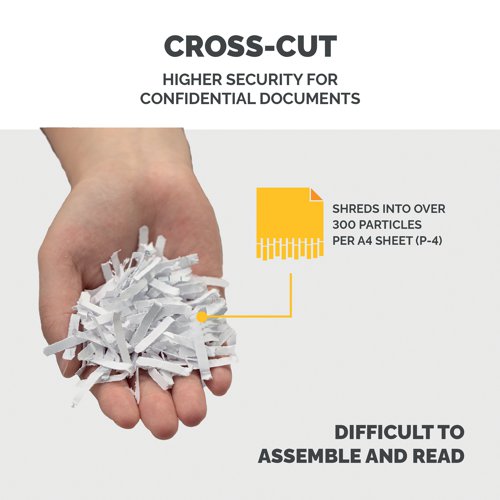 This stylish cross-cut Shredder is ideal for regular use in home and small office environments. It can shred 10 sheets at a time into 4x40mm cross-cut particles. For safety, the SafeSense Technology stops the machine when hands touch the paper entry. The shredder can operate continuously for up to six minutes followed by a 20-minute cool-down period. The shredder bin has a 22-litre capacity with a lift-off lid.