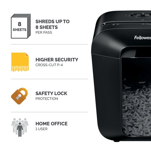 Fellowes Powershred LX45 Cross Cut Shredder is ideal for in the home and home office. It is capable of shredding up to 8 sheets of paper into 4x37mm cross cut particles (DIN Level P-4). Featuring a patented safety lock that disables the shredder for added safety protection and a 17 litre bin with lift off head. It shreds continuously for up to 6 minutes followed by a 20 minute cool down. It is capable of shredding staples, paper clips and credit cards.