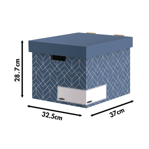Bankers Box Decor Storage Box has been created with the modern workspace in mind, attractive and practical design to compliment your working area. Strong construction with 2 layers of strong cardboard to the handle ends and base. Ideal for storing A4 or foolscap lever arch files and Decor transfer files. Supplied with a lift off lid. Can be stacked up to 5 boxes high. This pack contains 5 Urban Slate Blue storage boxes.
