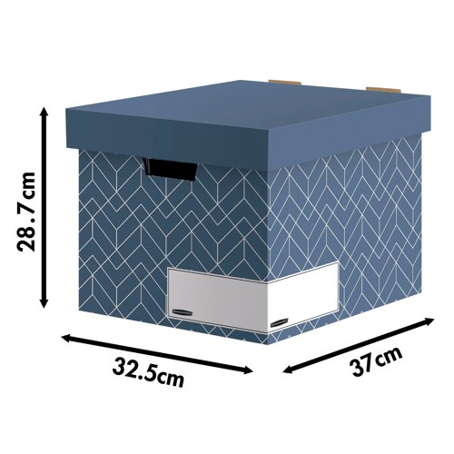 Bankers Box Decor Storage Box has been created with the modern workspace in mind, attractive and practical design to compliment your working area. Strong construction with 2 layers of strong cardboard to the handle ends and base. Ideal for storing A4 or foolscap lever arch files and Decor transfer files. Supplied with a lift off lid. Can be stacked up to 5 boxes high. This pack contains 5 Urban Slate Blue storage boxes.