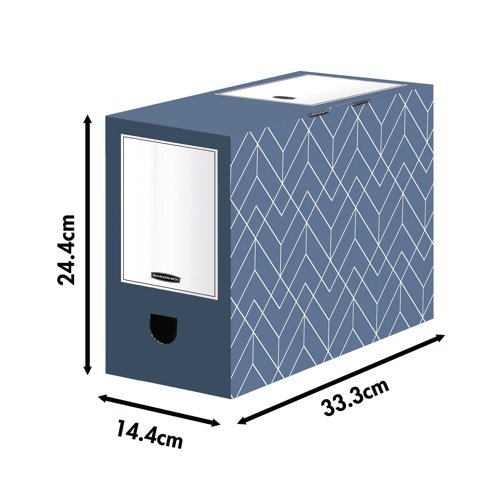 Bankers Box Decor Transfer File has been created with the modern workspace in mind, attractive and practical design to compliment your working area. For storing A4/A4+ size documents. Strong manual construction will tolerate regular use, keeping contents secure with a hinged tuck-in lid. Labelling areas on 3 sides for convenience, labelling is visible whether stored on the desk, shelf or in any of the Decor storage boxes. This pack contains 5 blue transfer files. Fully recyclable.