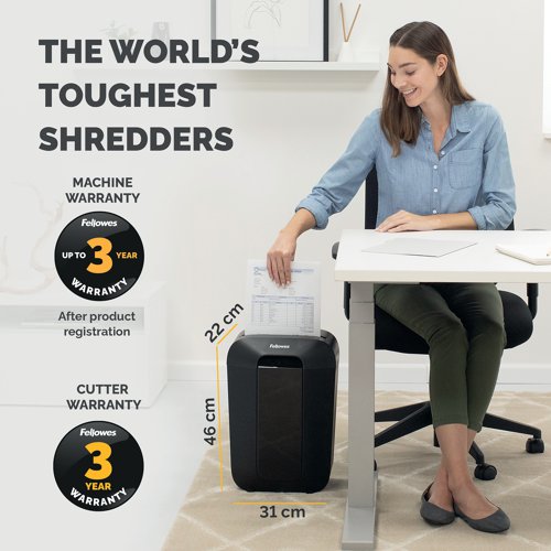 The Fellowes Powershred LX70 Cross-Cut Shredder is ideal for medium use in home and office environments. It can shred 11 sheets at a time into 4x40mm cross-cut particles. Patented Safety Lock disables the shredder for added safety protection. The LX70 shredder will shred continuously for up to 5 minutes before requiring a 30 minutes cool down period. The shredder bin has a 18 litre capacity with a lift-off head.