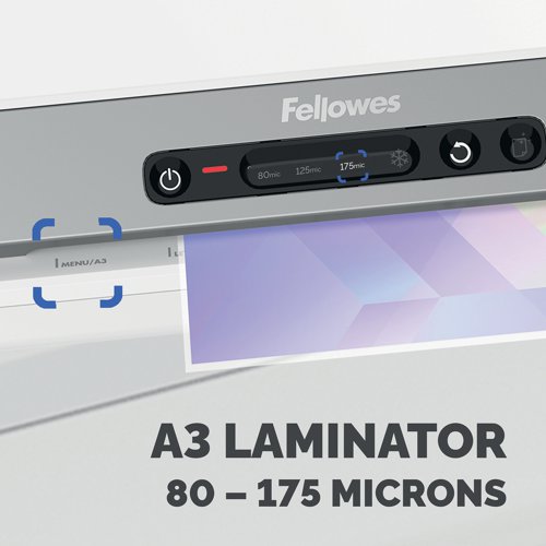 The Fellowes Amaris, entry level, A3 laminator is ideal for the office, being easy to use and offering great results. Laminating all pouch sizes up to A3 and up to 175 microns thick and featuring individual temperature settings for each pouch thickness (80, 125 and 175). Heating up in just 60 seconds with automatic shut off after 30 minutes of activity, this laminator offers quick, results and optimum performance. Supplied with a 2 year warranty and laminator pack, including 10 pouches.