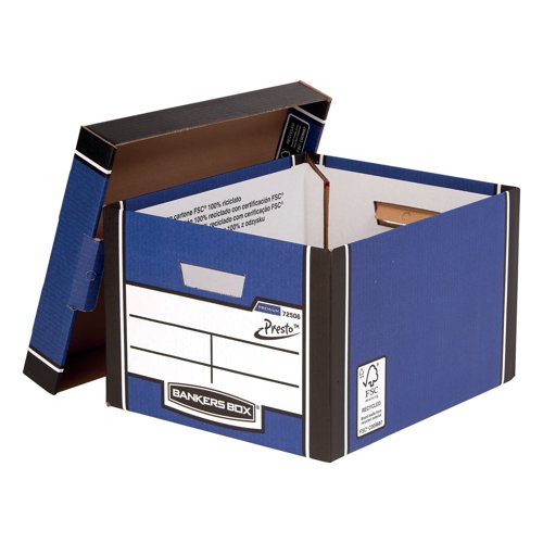 This environmentally friendly Fellowes premium classic storage box is made from 100% recycled board and is ideal for storing records and archiving documents. Featuring unique Presto Instant Assembly, simply push the corners together and the box is ready for use.This premium box features double ends, sides and base, for maximum stacking strength up to 6 high. These corrugated cardboard storage boxes accommodate A4 and foolscap documents, folders, ring binders and Premium transfer files and are the perfect height for racking systems. Measures W330 x D381 x H254mm. This pack contains 5 boxes.