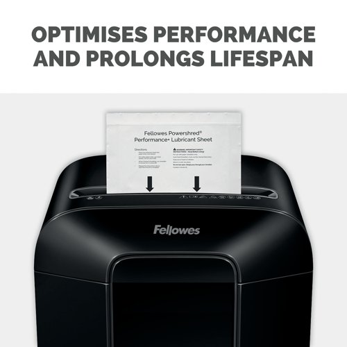 The Fellowes Powershred Performance+ Lubricant Sheets optimises performance and extends shredder life. The Canola (vegetable) oil based sheets helps prevent paper jams. For use with all Fellowes cross-cut and micro-cut shredders. There are 10 oil sheets per pack.