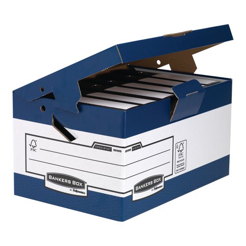 BB78728 | This Fellowes Bankers storage box features a triple layer of board on the end panels and a double layer on the sides and base, for durable, long lasting use. The boxes are supplied flat and feature time saving FastFold automatic assembly. The ergonomic handles are engineered at a 30 degee angle to reduce wrist strain when carrying. Each product is made from 100% recycled board.