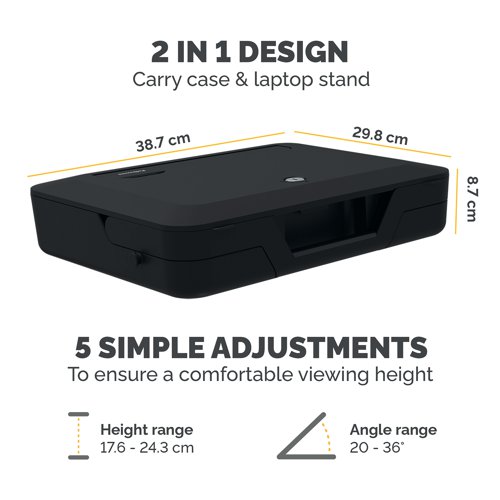 The Fellowes Breyta Laptop Carry Case is a 2 in 1 design that includes a storage/carry case and laptop riser. It has a built-in handle and optional carry strap. The riser has 5 height adjustments for ergonomic working. Portable design that is easy to set up, adjust and store away. Ideal for hybrid working.