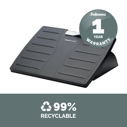 This Fellowes Office Suites Adjustable Footrest features Microban protection to inhibit the growth of harmful bacteria for hygienic, long lasting use. The non-slip platform features a rocking motion to aid circulation with 3 height adjustments from 108mm to 146mm and an angle incline up to 30 degrees. This black footrest has a platform size of 445 x 334mm.