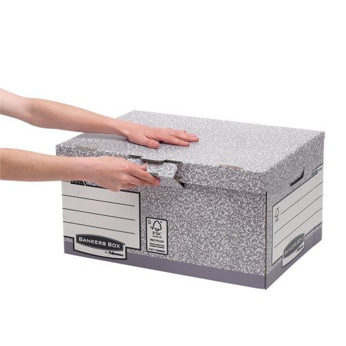 This Bankers Box heavy duty storage box features a hinged lid with a locking tab for security and time saving Fastfold assembly. The box also features a triple layer of board on the end panels and a double layer on the front and base for durable, long lasting archive storage. The box can hold ring binders, lever arch files and Bankers Box 120mm transfer files. This pack contains 10 grey boxes measuring W545 x D378 x H293mm (internal).